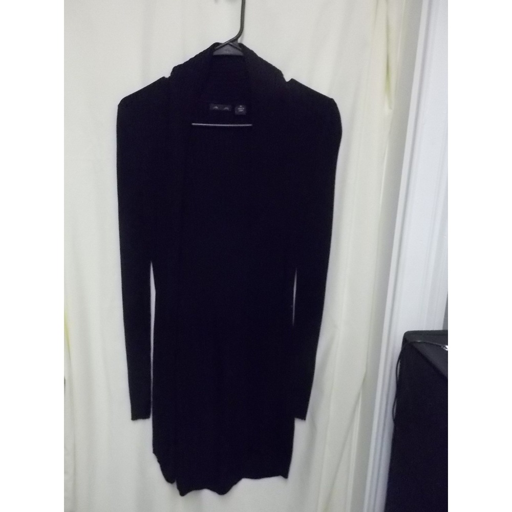 AVA Womens Black Ribbed Knit Open Front Longline Cardigan Sweater Shawl Collar M